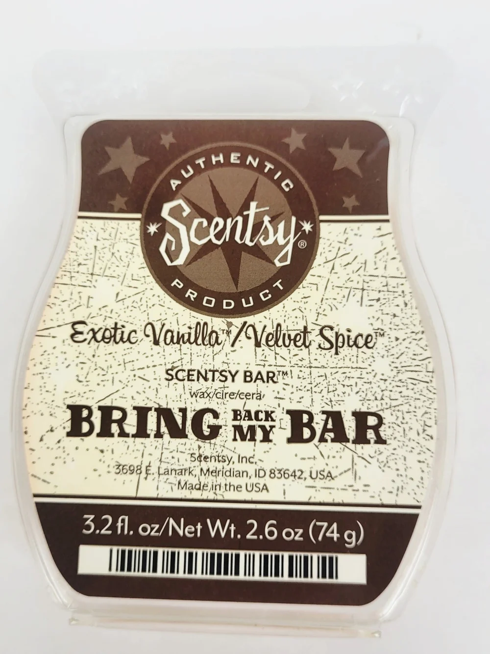 Scentsy Wax Bar Exotic Vanilla/Velvet Spice~Bring Back My Bar 3.2 oz